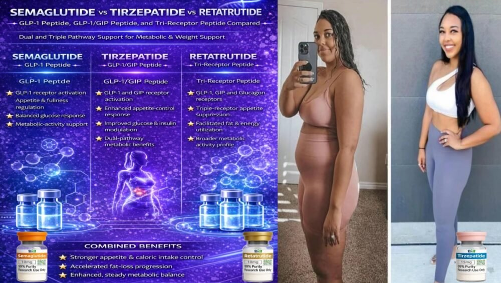 Semaglutide versus tirzepatide versus retatrutide peptide wholesale comparison chart with before and after photo
