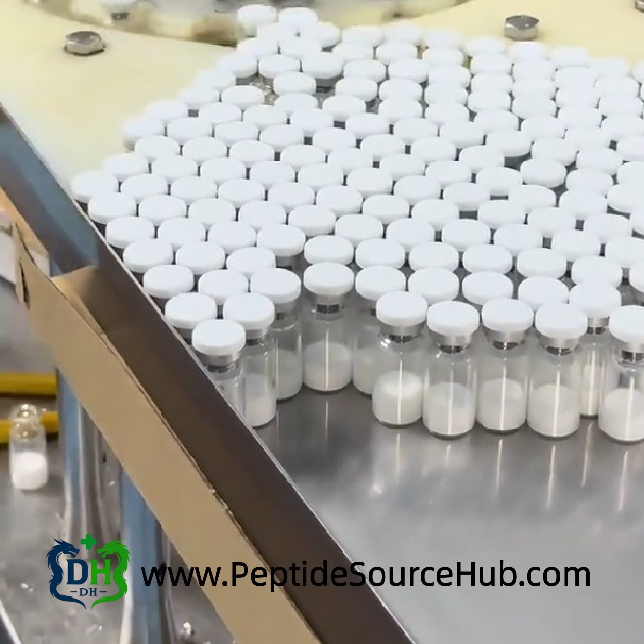 Corner of stainless table with rows of peptide vials