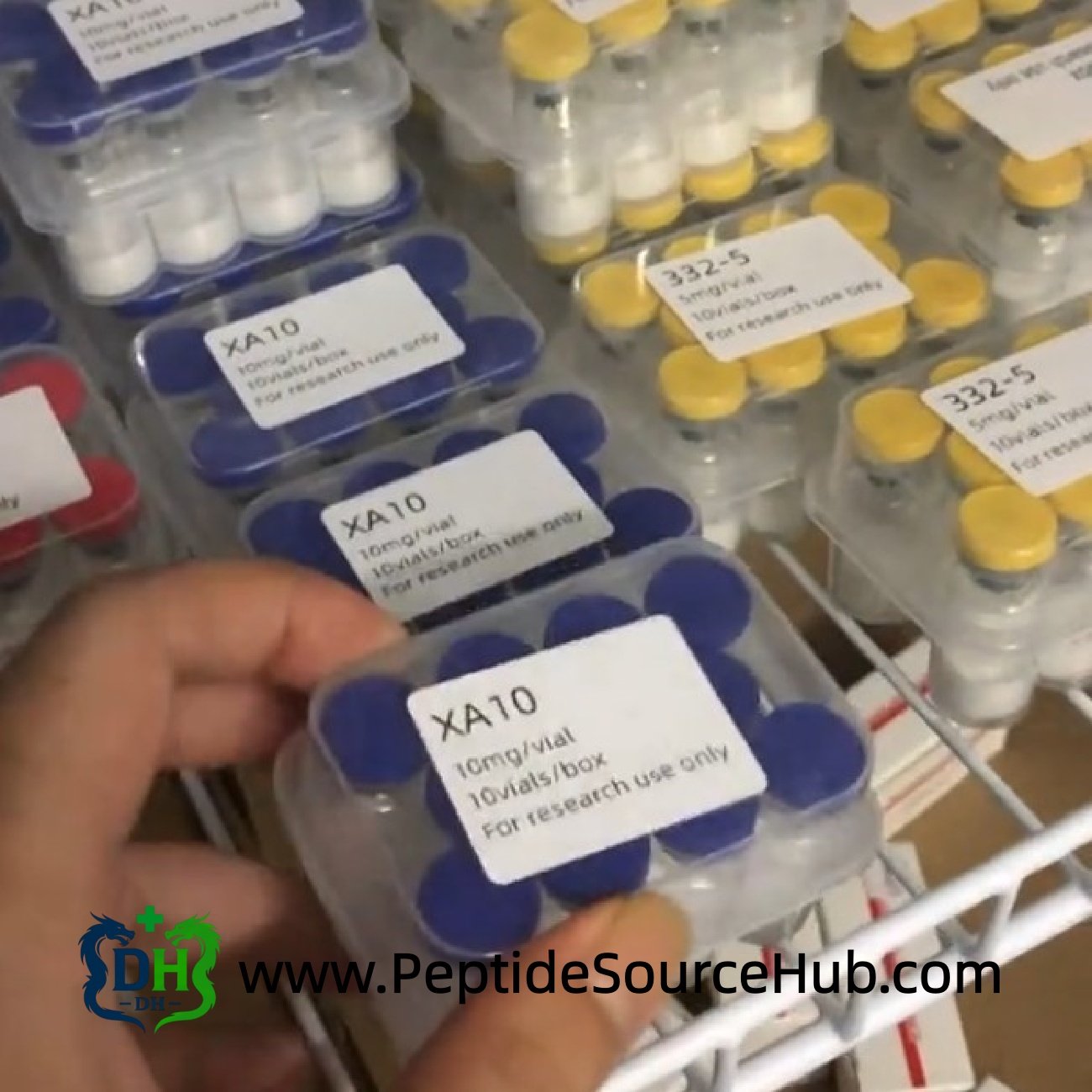 Peptide vial kits stored on metal rack shelves