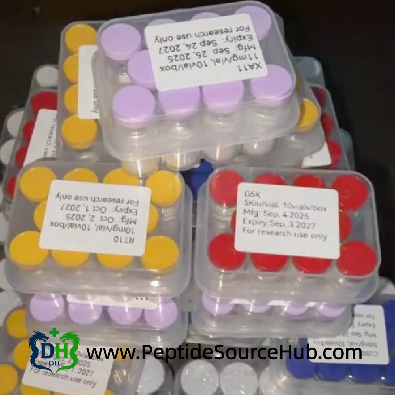 Stacked peptide kits with yellow and red caps