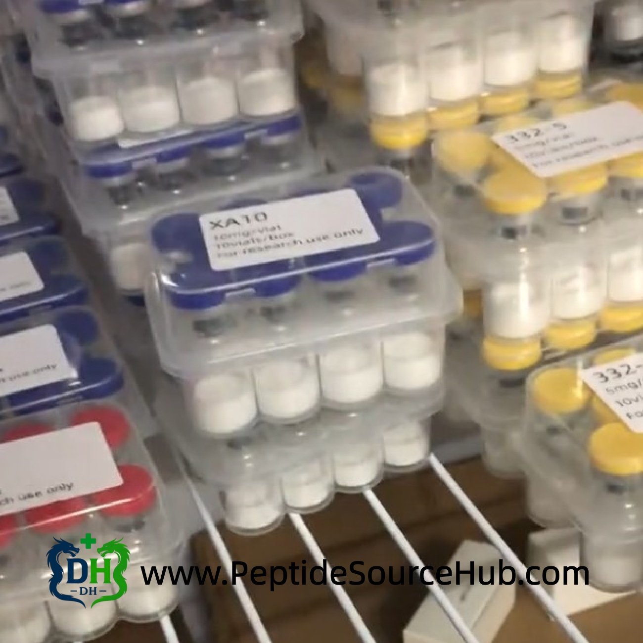 Multiple layers of boxed peptide kits on shelving