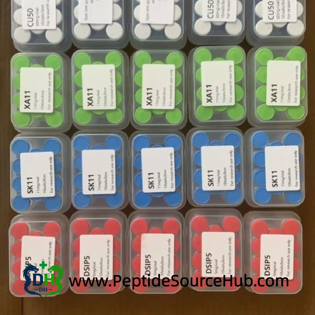 Peptide kits in clear boxes with colored vial caps