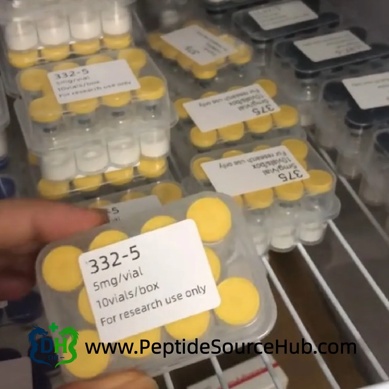 Hand holding SLU-PP-332 5mg/vial 10 vials/box peptide kit