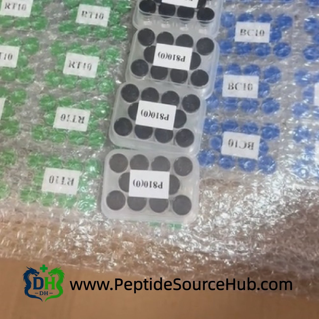Peptide vials on bubble wrap packaging for shipment