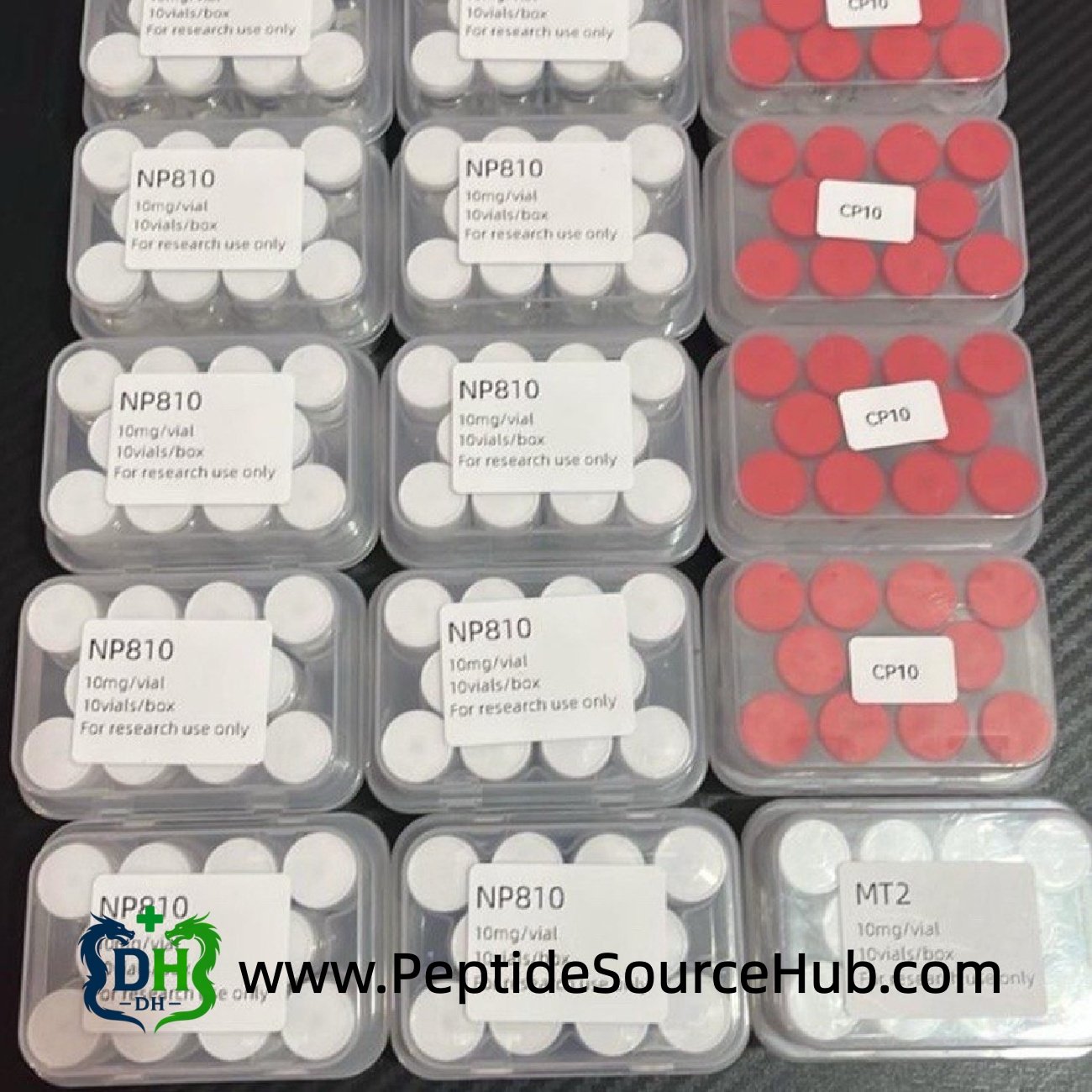 White and red cap peptide vials arranged in trays