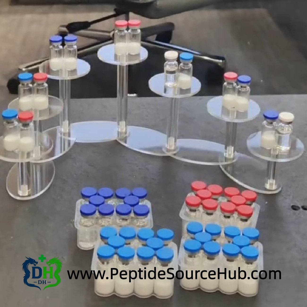 Cosmetic peptide vials on acrylic display stand