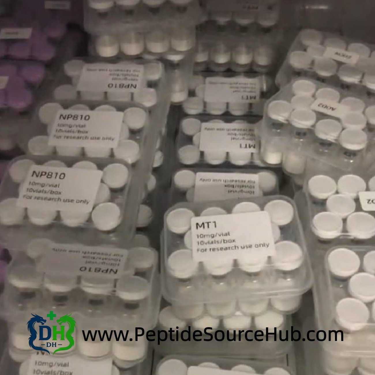 Refrigerated shelves of white-cap cosmetic peptide vials