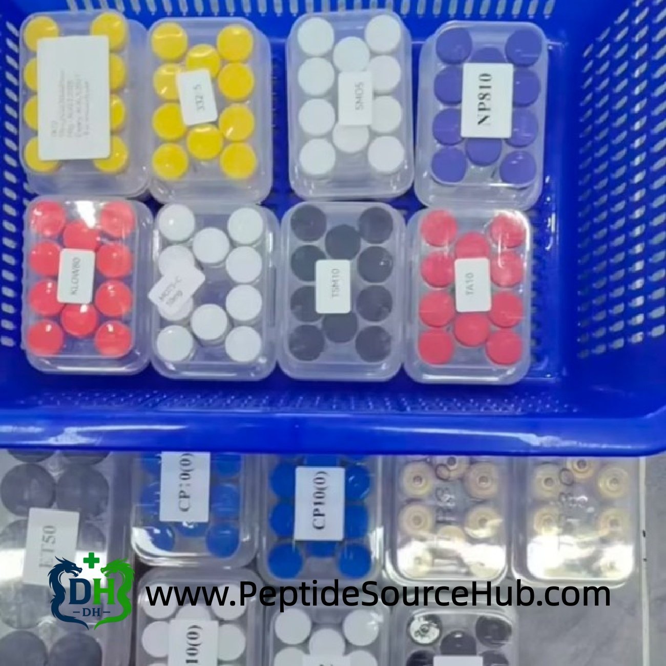 NP810 peptide 10 mg vial trays in blue plastic basket