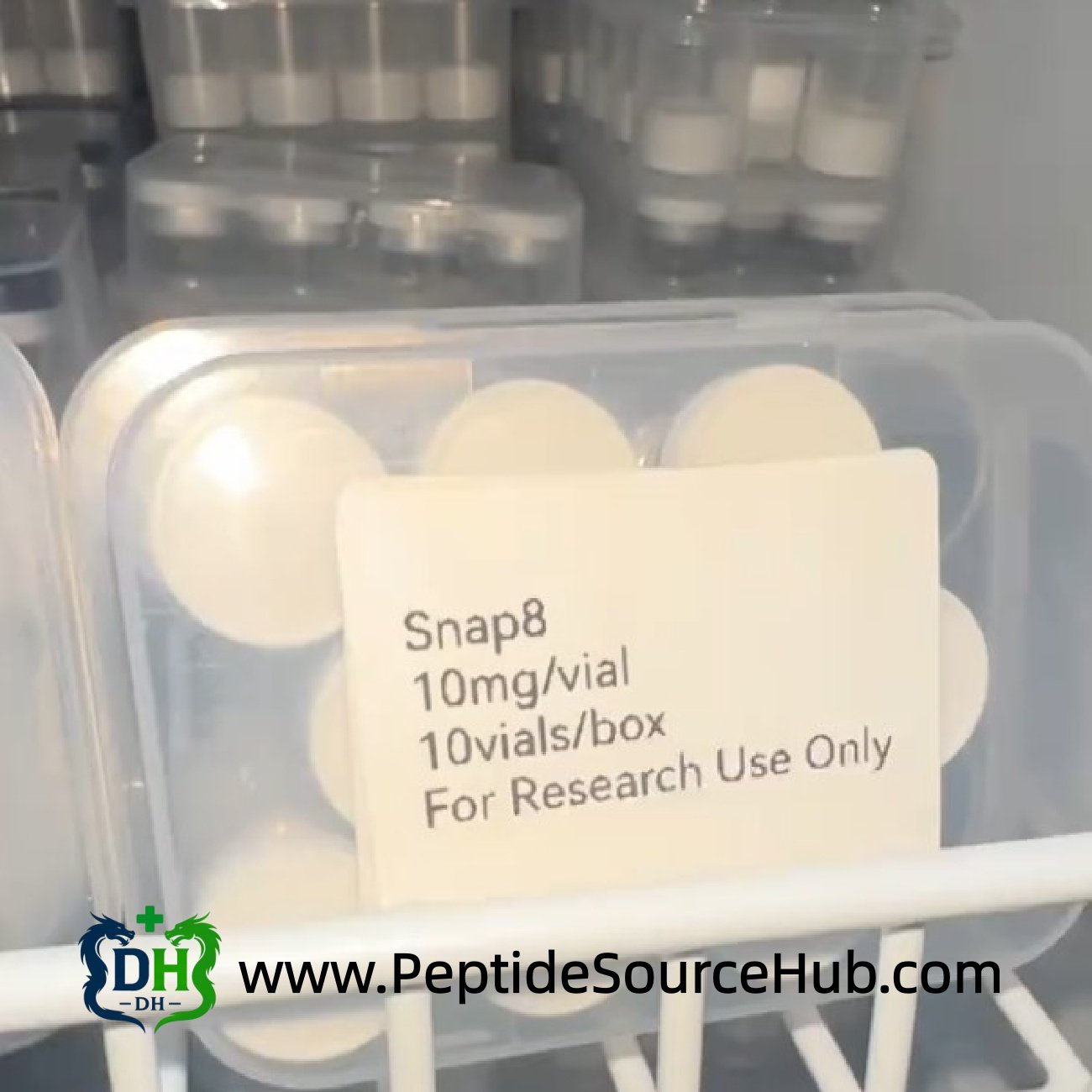 Snap8 10 mg peptide vials stored in refrigerated tray