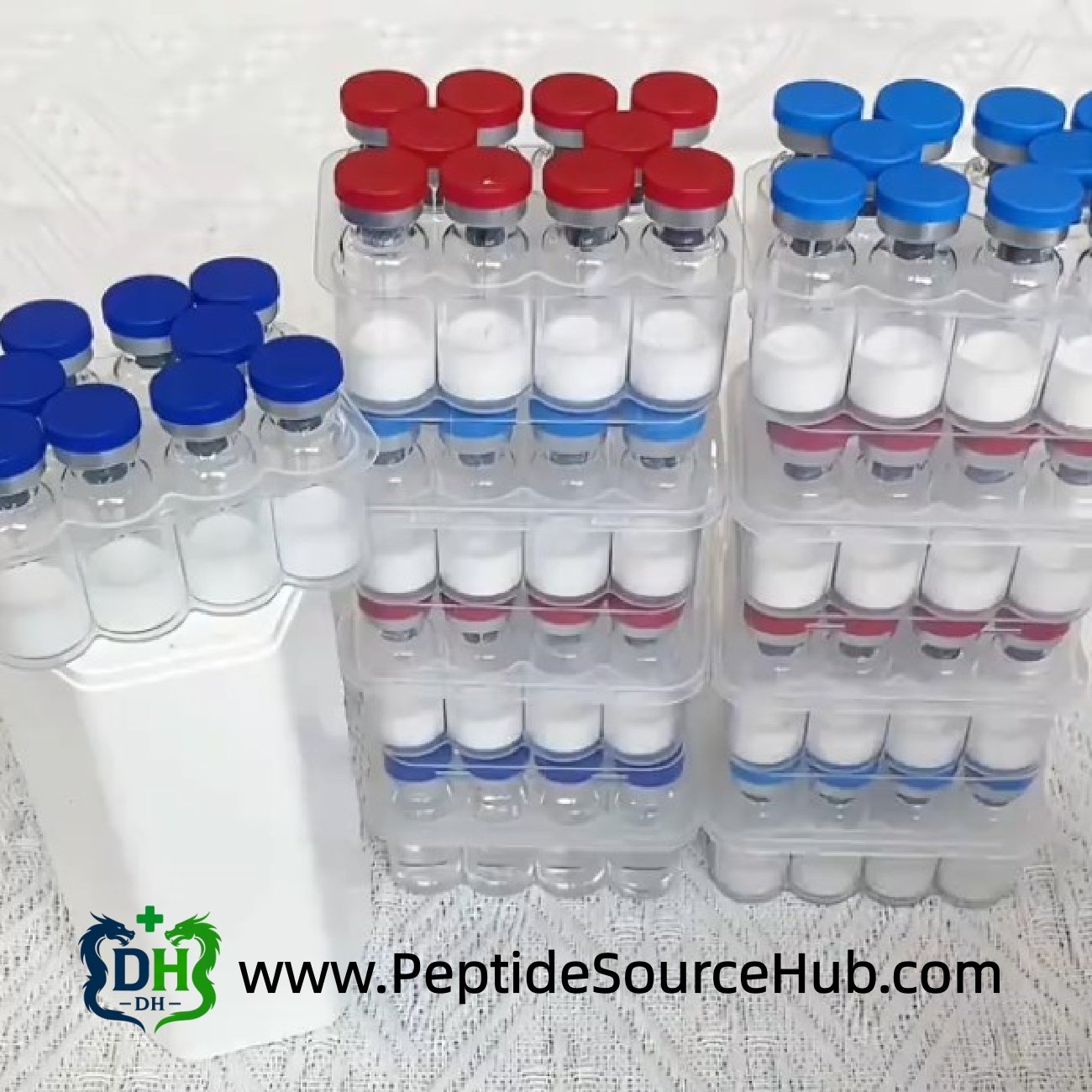 Stacks of cosmetic peptide vials with blue and red caps