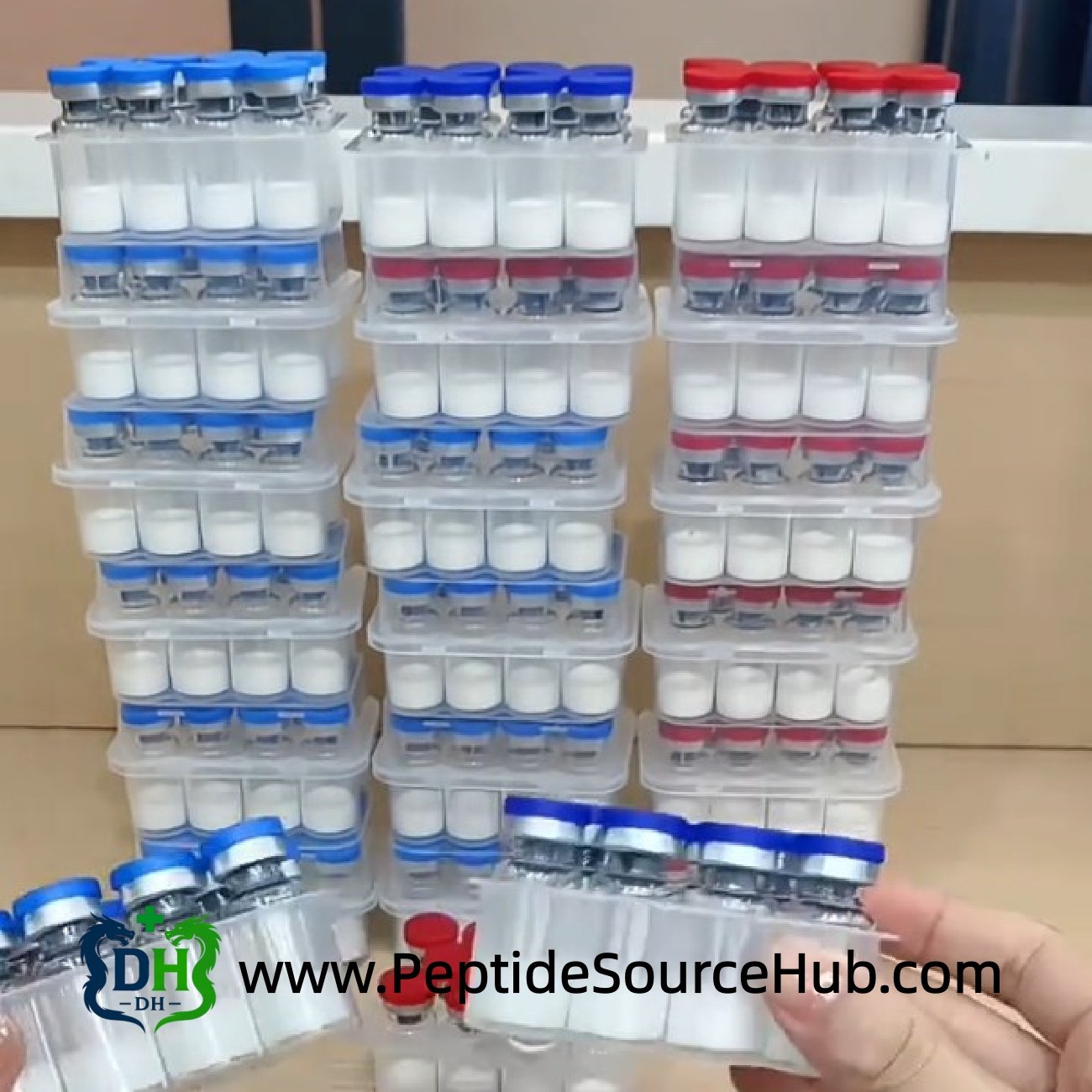 High stacks of peptide vial trays in warehouse