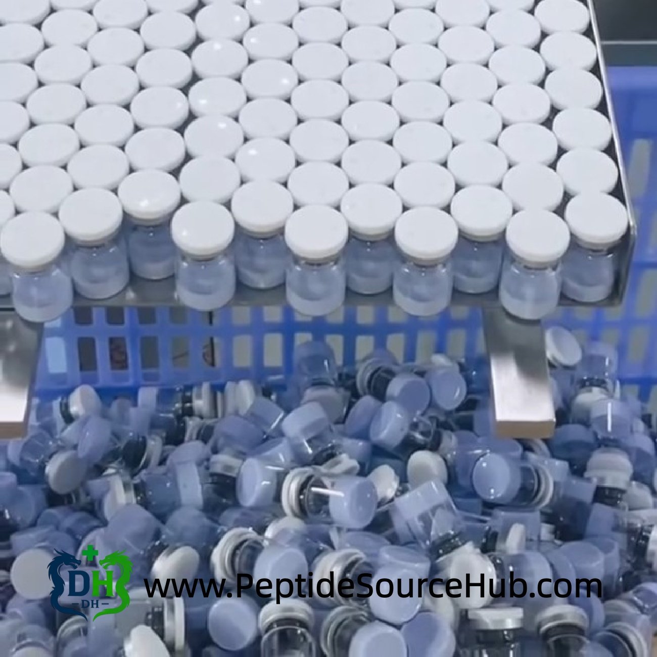Production line trays of blue copper peptide blend vials