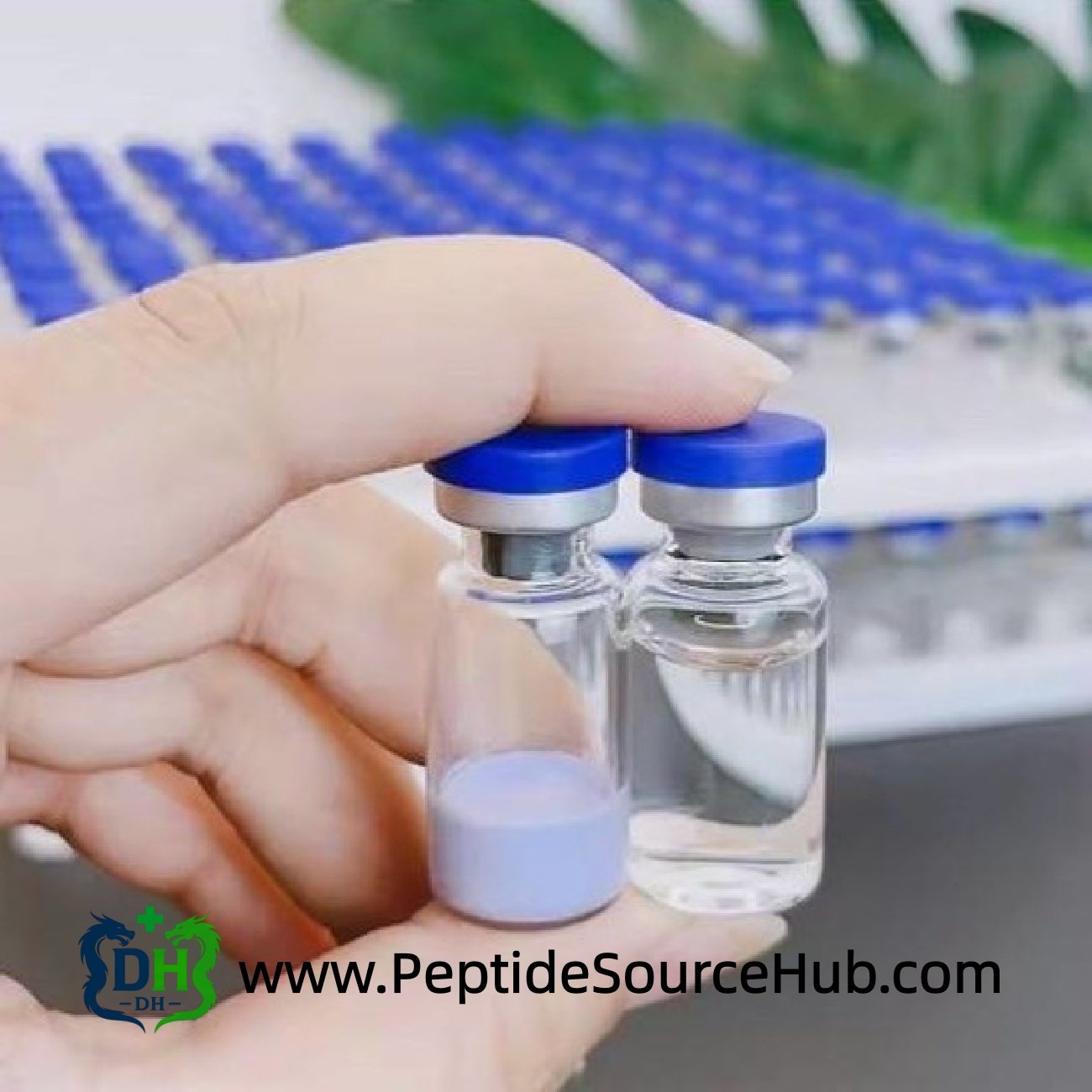 Blue copper peptide vial before and after reconstitution