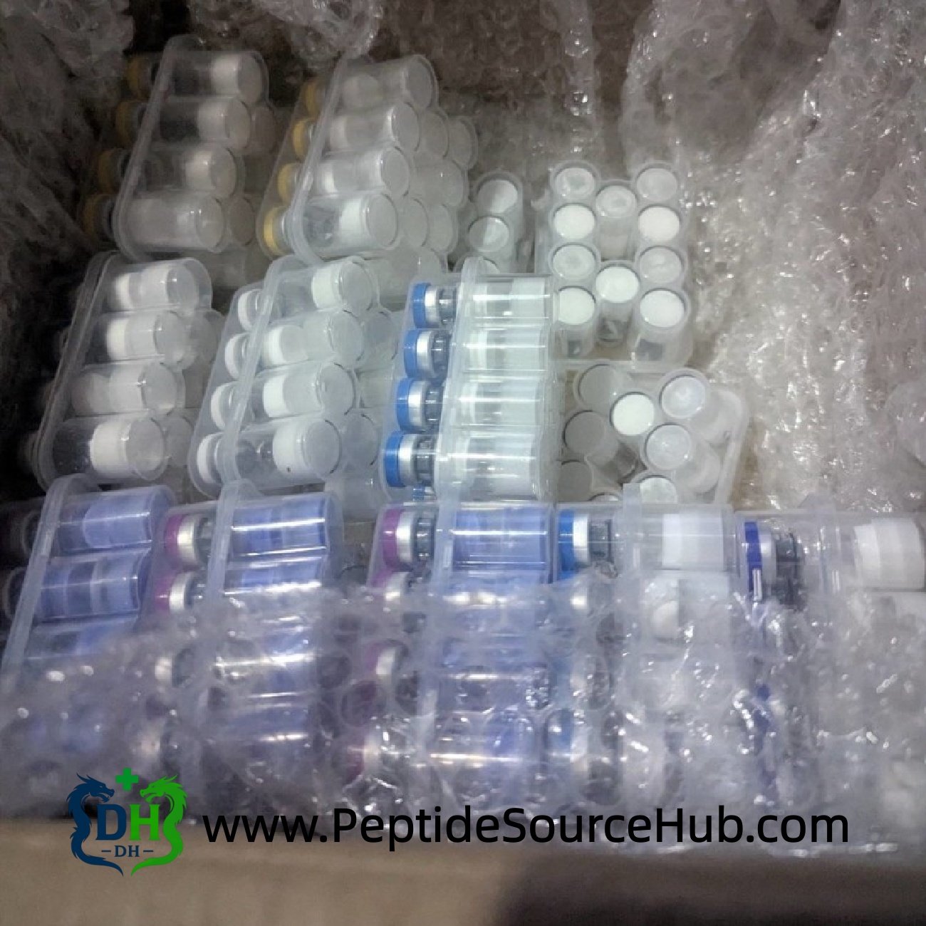 Bubble-wrapped peptide vials packed for international shipping