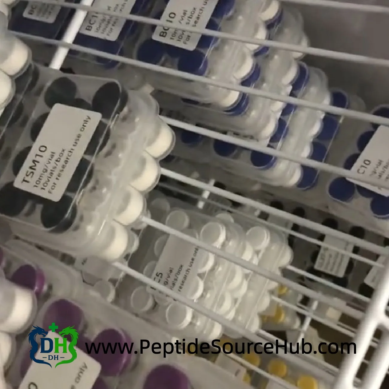 Angled view of Tesamorelin TSM10 trays in cold storage