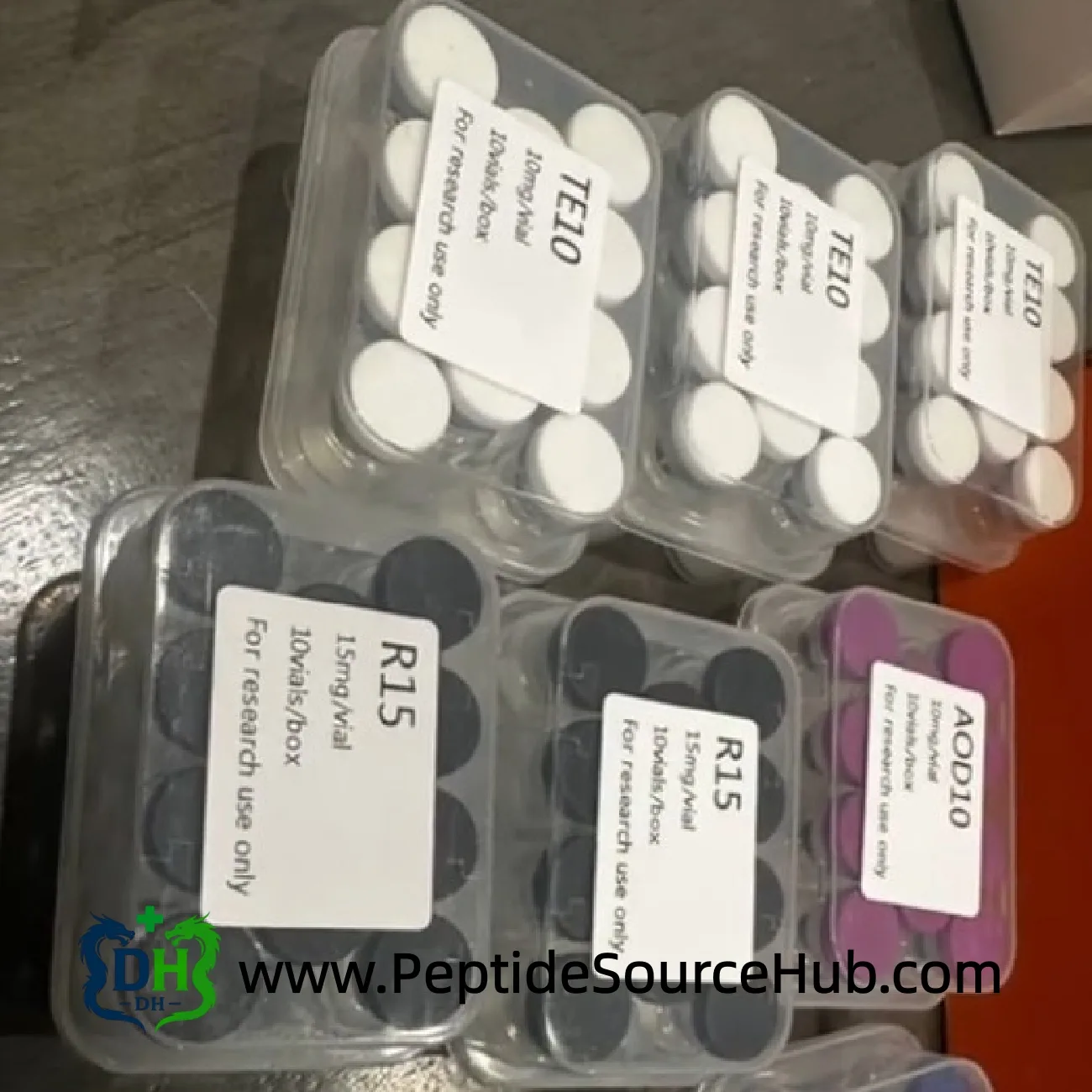Mixed peptide inventory trays labeled TE10 R15 and AOD10