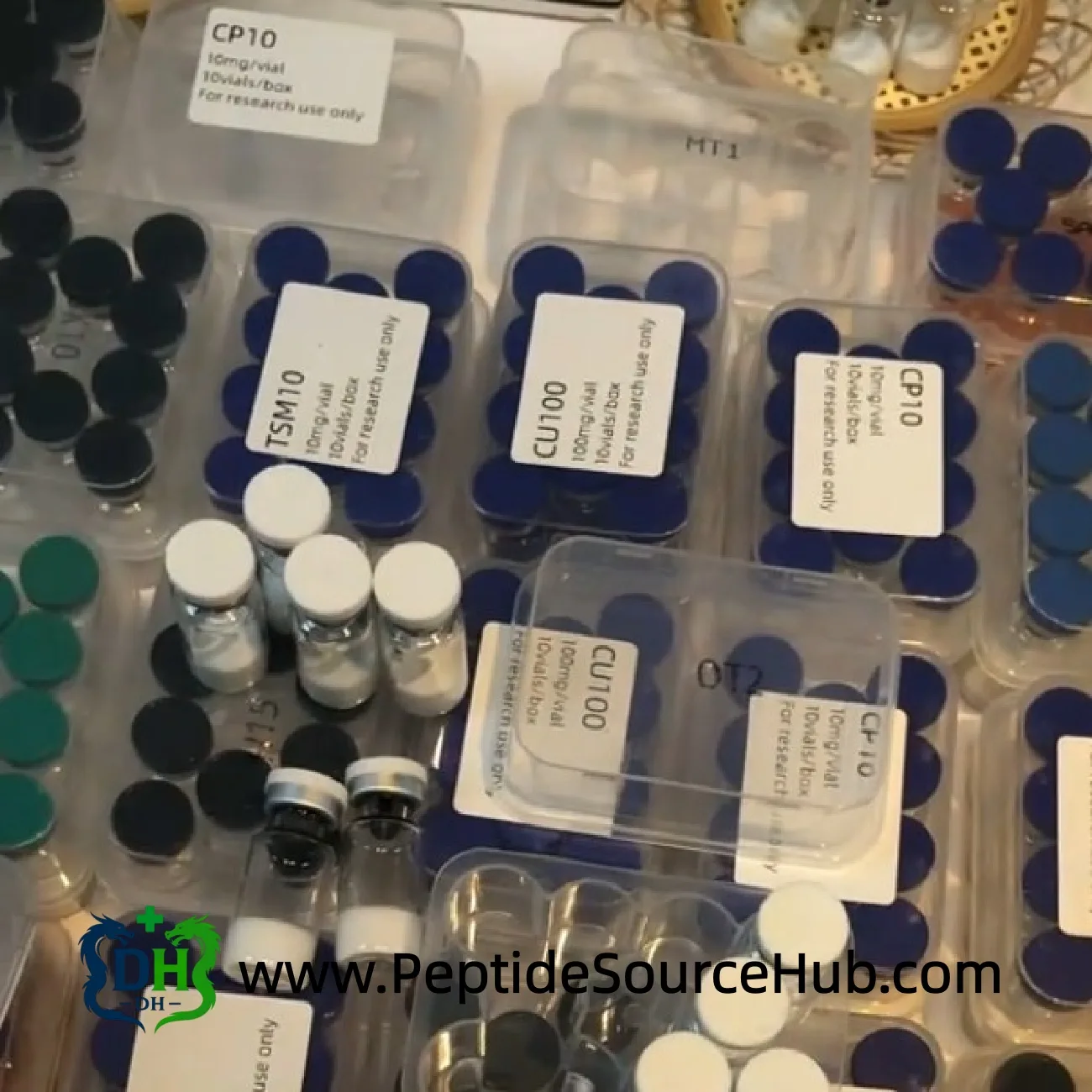 Tesamorelin and peptide kits packed in plastic trays
