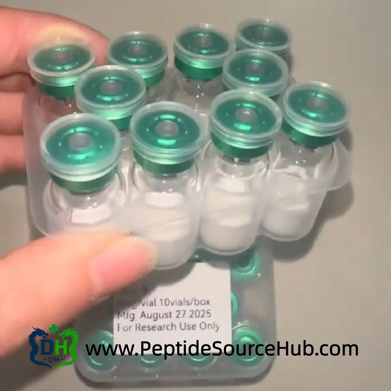 Tesamorelin 10-vial tray with green caps
