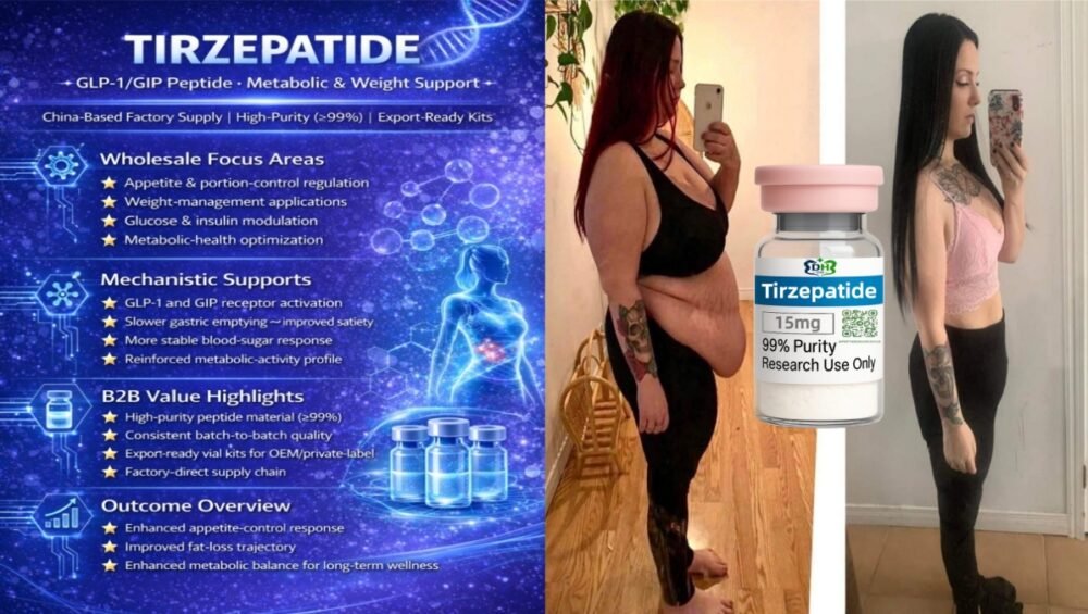 Tirzepatide GLP-1 GIP peptide 15 mg vial with weight-change before-and-after photos