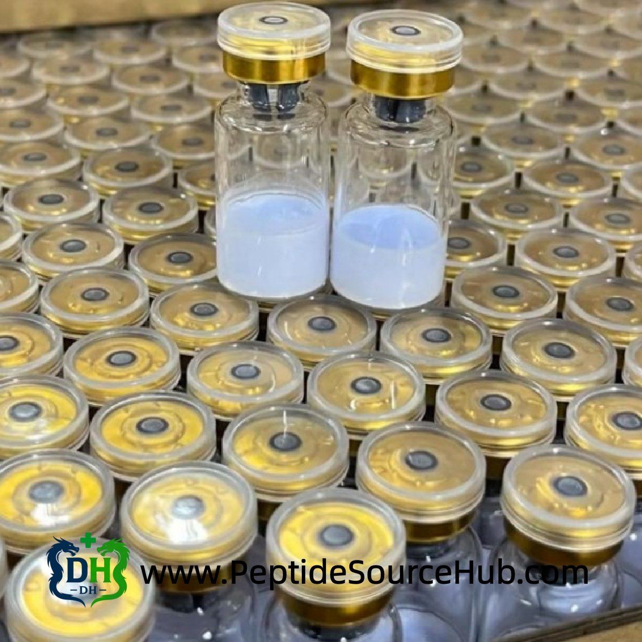 Two peptide vials with light blue solution on gold caps