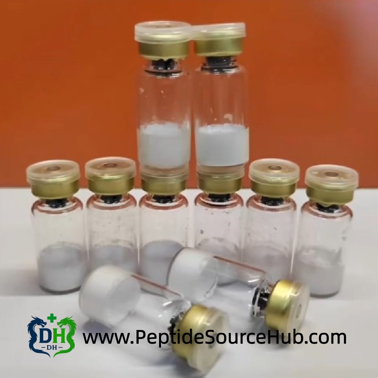 Gold cap lyophilized triptorelin peptide vials standing in rows