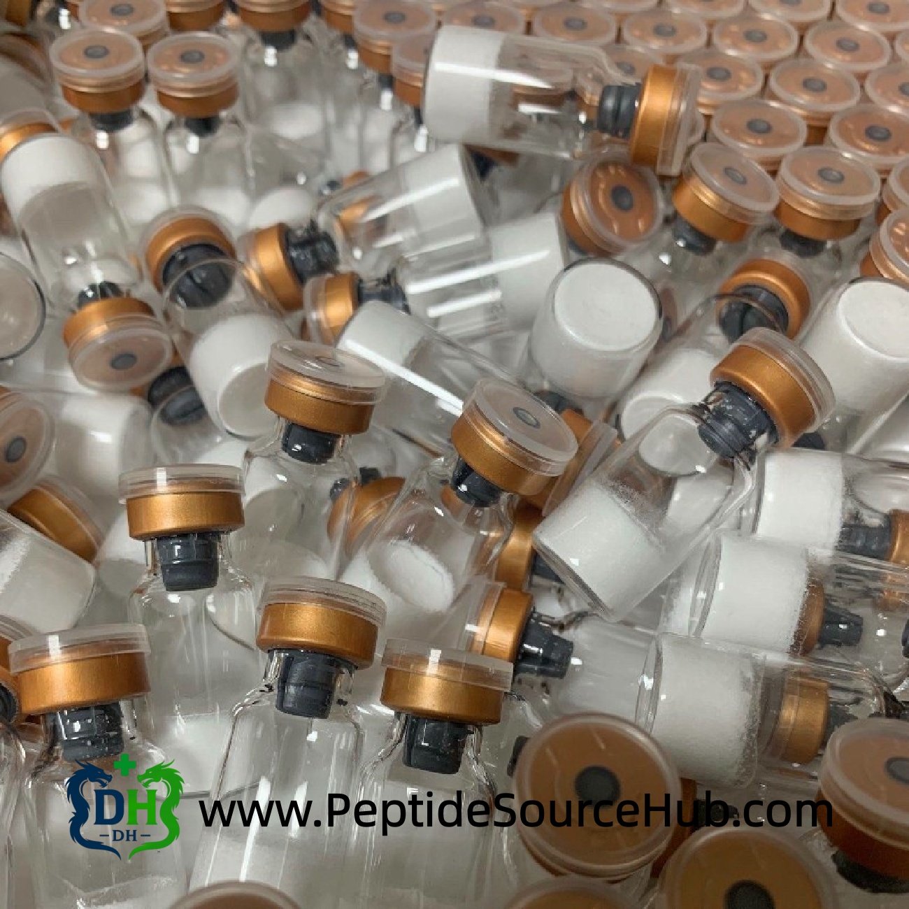 Pile of bronze cap lyophilized peptide vials