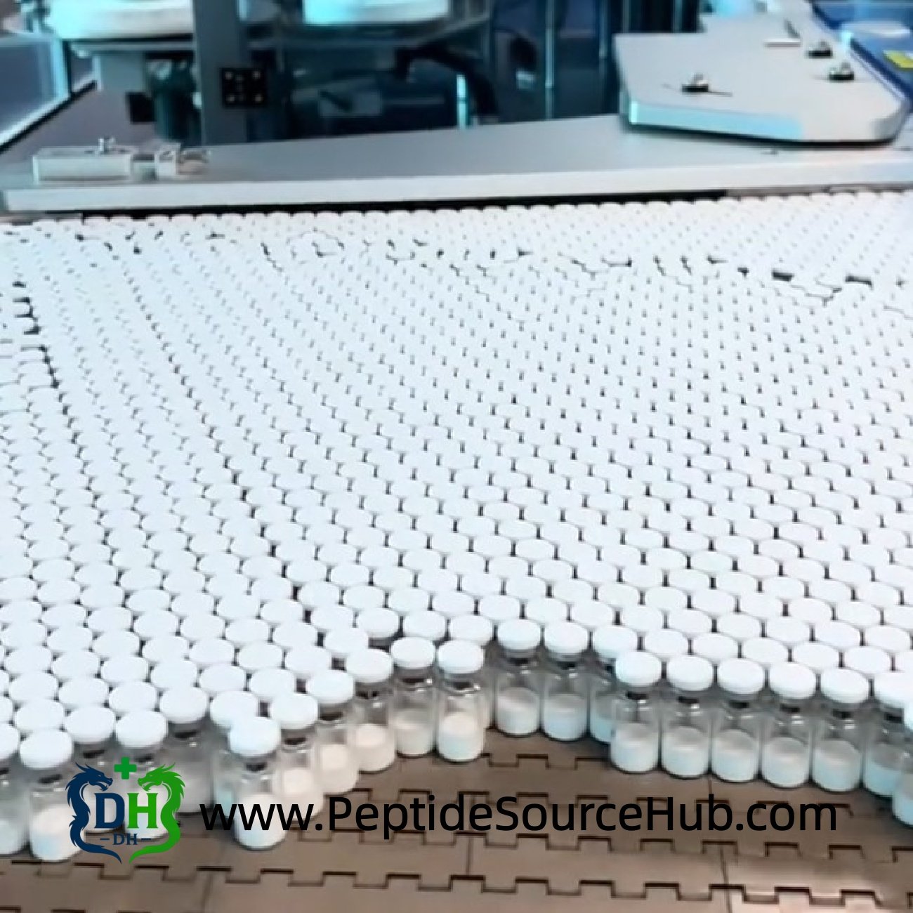 Large batch of VIP peptide vials on conveyor table