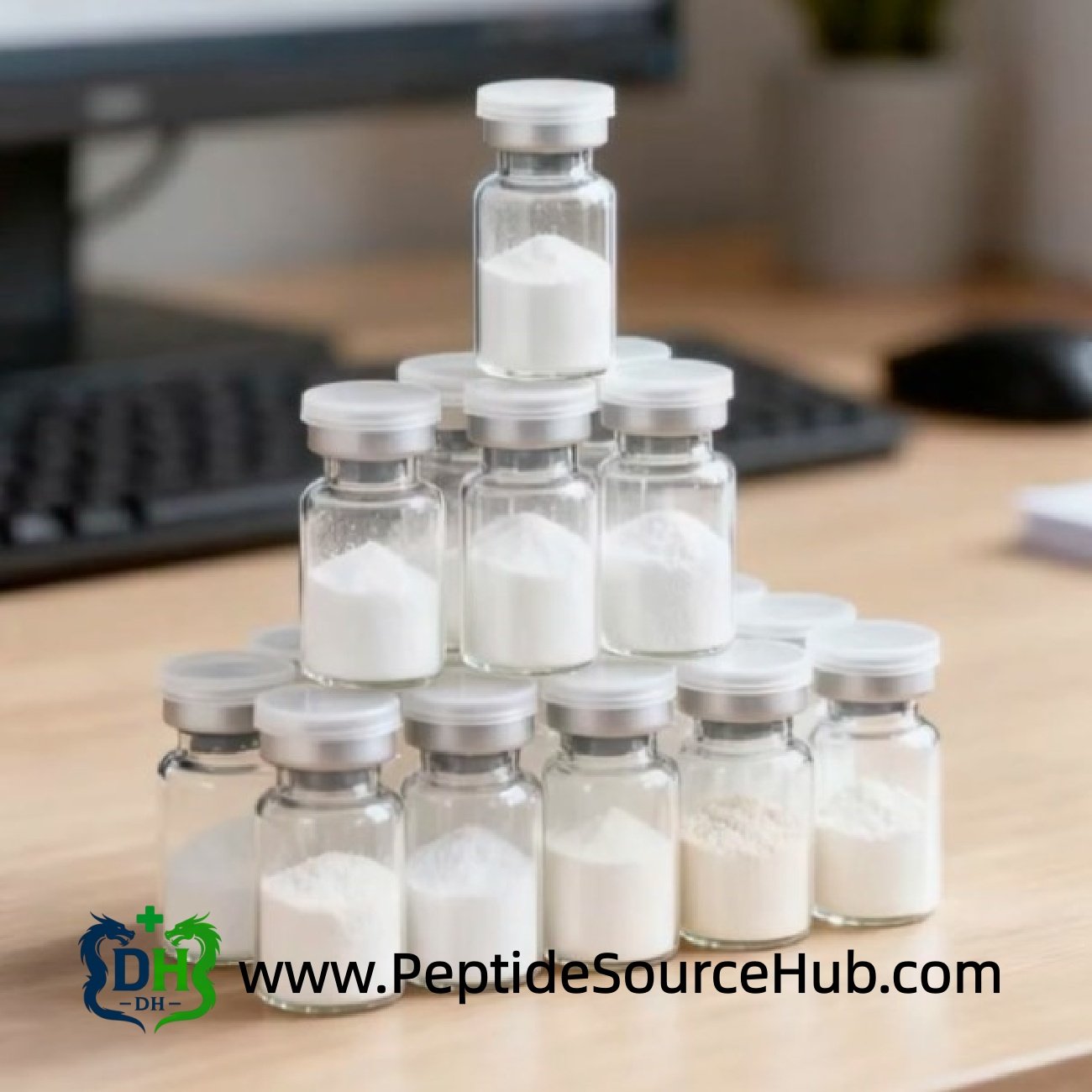 Pyramid stack of VIP peptide 10 mg vials on desk