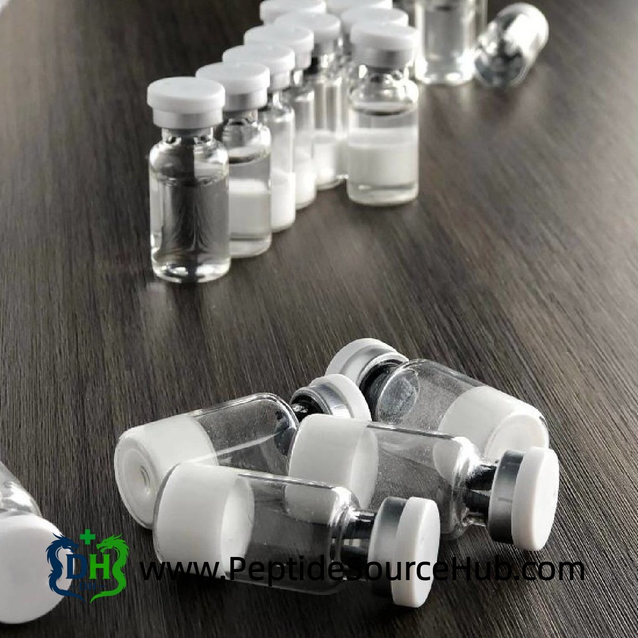VIP peptide 10 mg vials with white caps on lab bench
