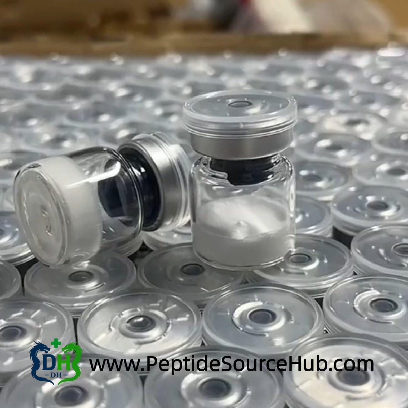 VIP peptide 10 mg vials on tray of silver caps